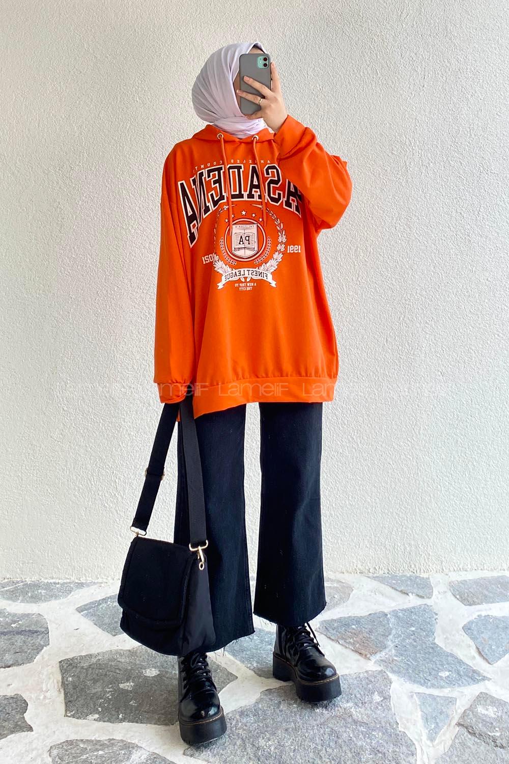 Modalamelif Pasadena Yazı Baskılı Kapüşonlu Sweat Oranj