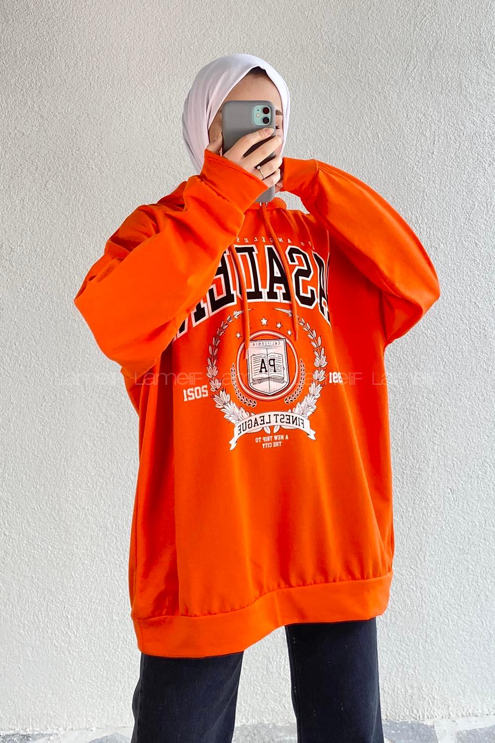 Modalamelif Pasadena Yazı Baskılı Kapüşonlu Sweat Oranj
