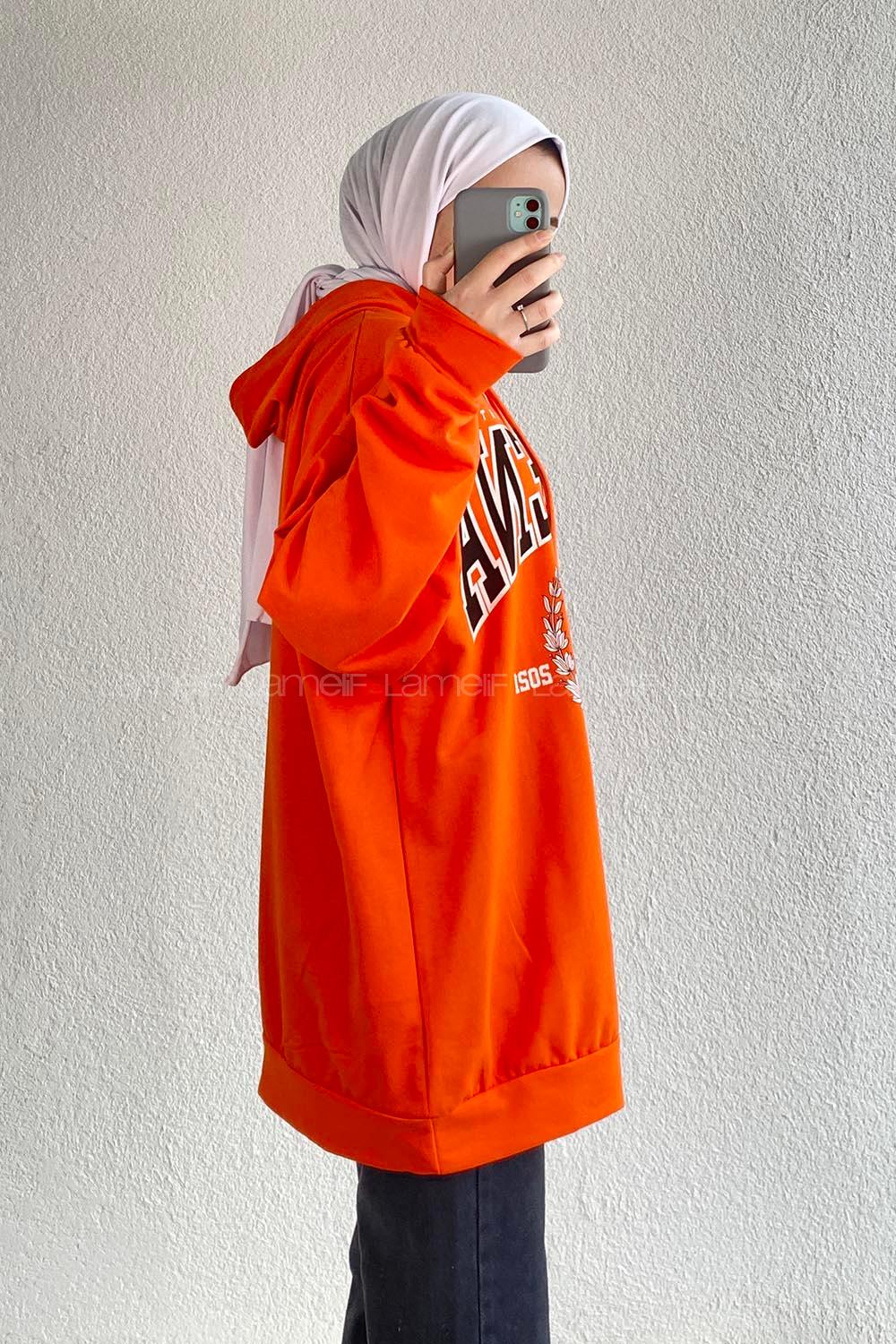 Modalamelif Pasadena Yazı Baskılı Kapüşonlu Sweat Oranj