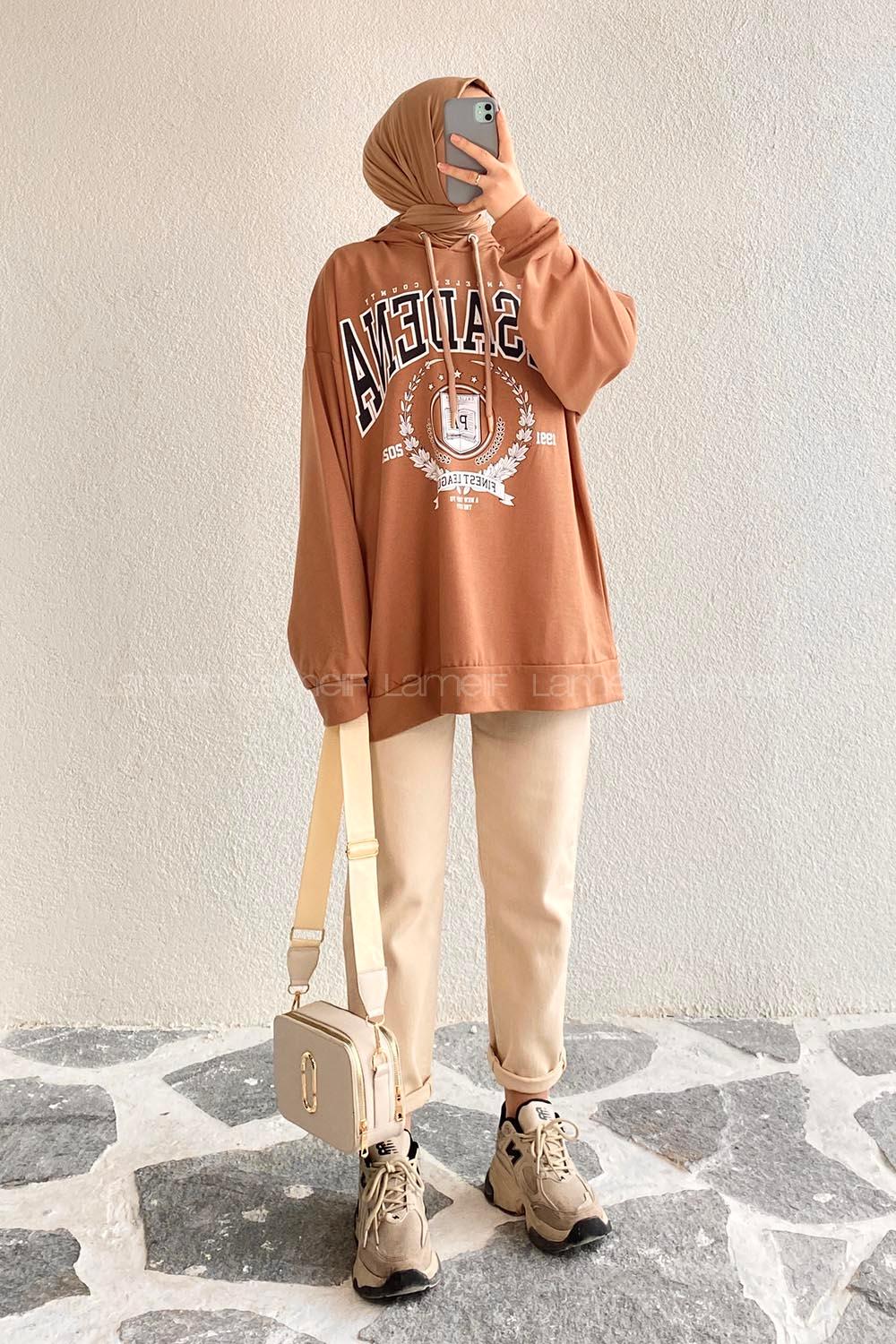 Modalamelif Pasadena Yazı Baskılı Kapüşonlu Sweat Sütlü Kahve