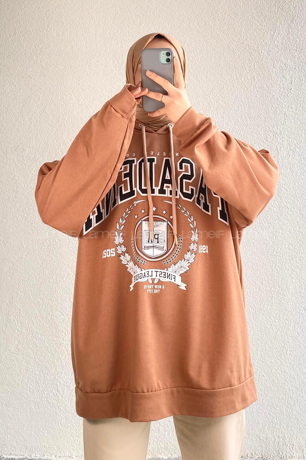 Modalamelif Pasadena Yazı Baskılı Kapüşonlu Sweat Sütlü Kahve