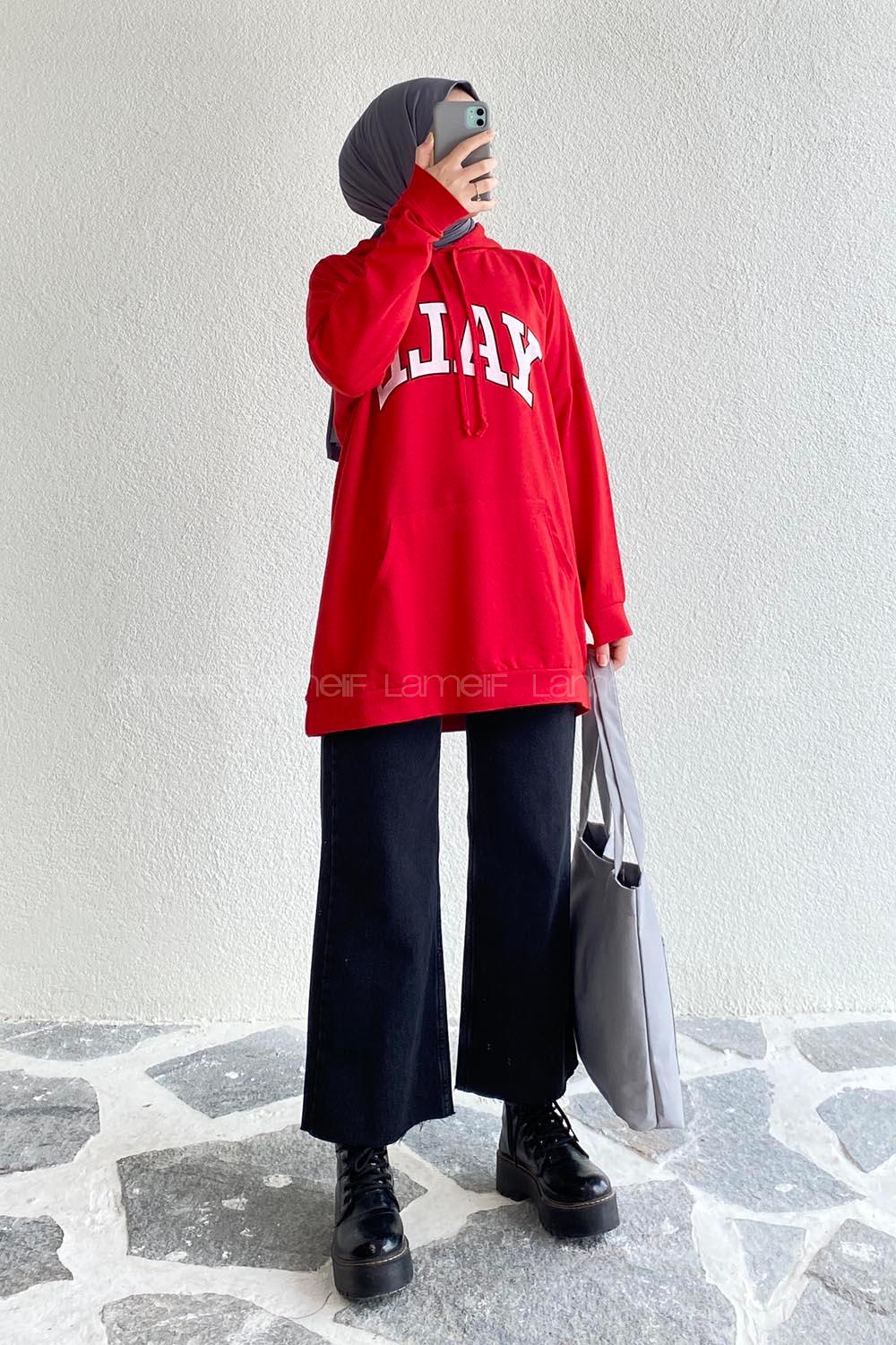 Modalamelif Yale Yazı Baskılı Kapüşon Detaylı Kanguru Cepli Sweat Kırmızı