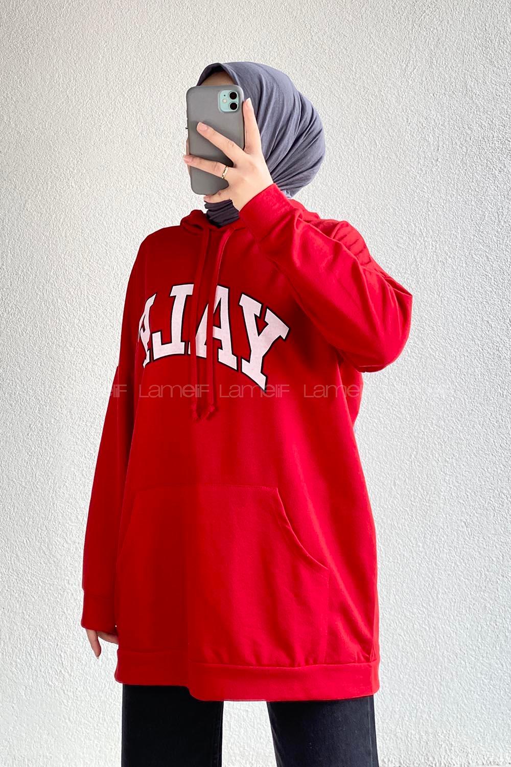 Modalamelif Yale Yazı Baskılı Kapüşon Detaylı Kanguru Cepli Sweat Kırmızı