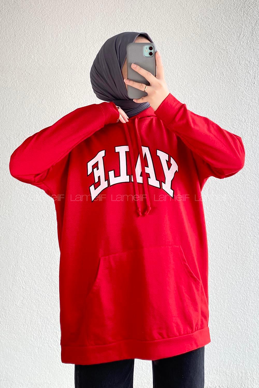 Modalamelif Yale Yazı Baskılı Kapüşon Detaylı Kanguru Cepli Sweat Kırmızı