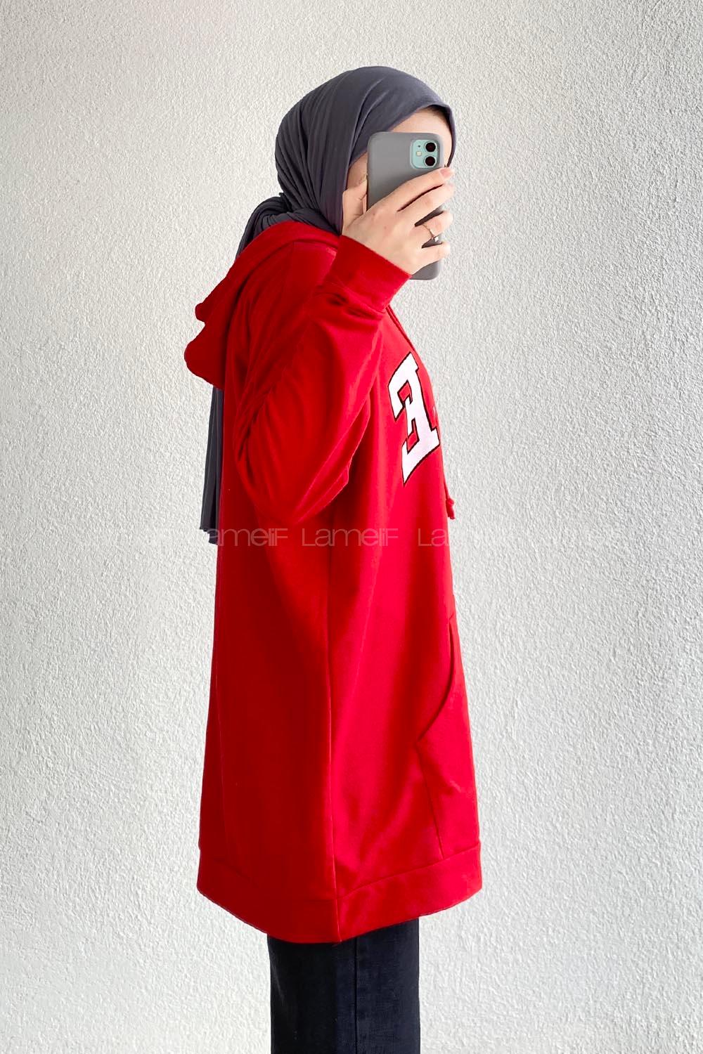 Modalamelif Yale Yazı Baskılı Kapüşon Detaylı Kanguru Cepli Sweat Kırmızı