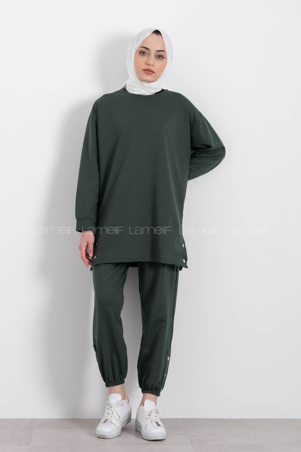Modalamelif Yan Yırtmaç Detaylı Paça Lastili İkili Takım Zümrüt Yeşili