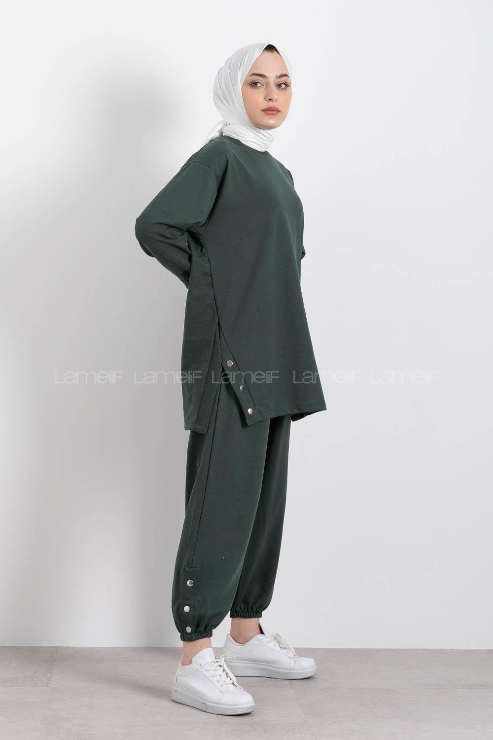 Modalamelif Yan Yırtmaç Detaylı Paça Lastili İkili Takım Zümrüt Yeşili
