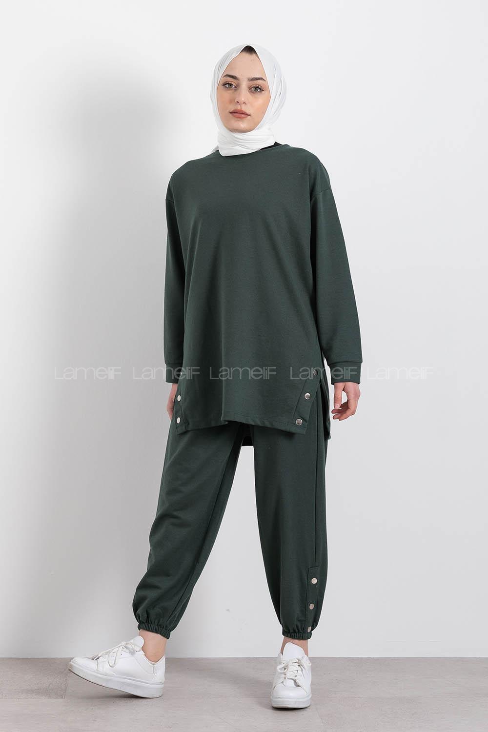 Modalamelif Yan Yırtmaç Detaylı Paça Lastili İkili Takım Zümrüt Yeşili