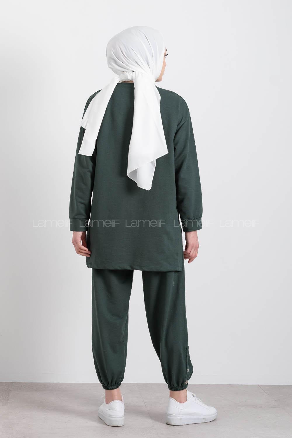 Modalamelif Yan Yırtmaç Detaylı Paça Lastili İkili Takım Zümrüt Yeşili