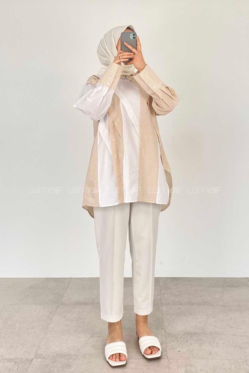 Modalamelif Asimetrik Garnili Tunik Bej