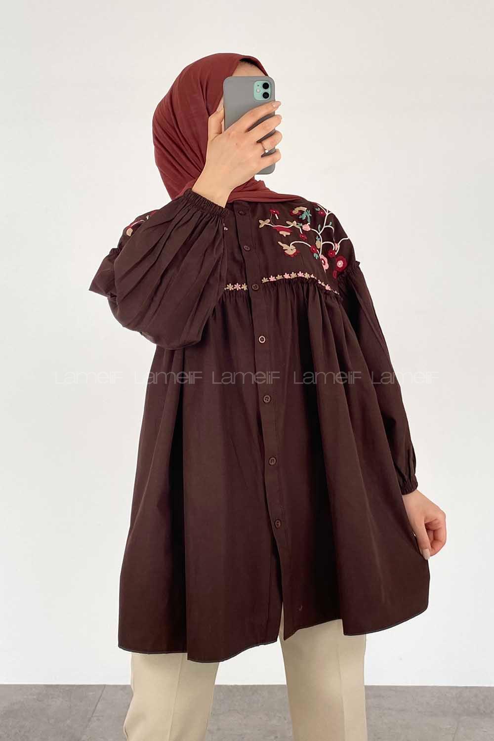 Modalamelif Çiçek Nakışlı Pileli Tunik Acıkahve