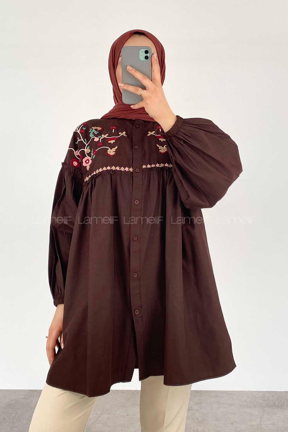 Modalamelif Çiçek Nakışlı Pileli Tunik Acıkahve