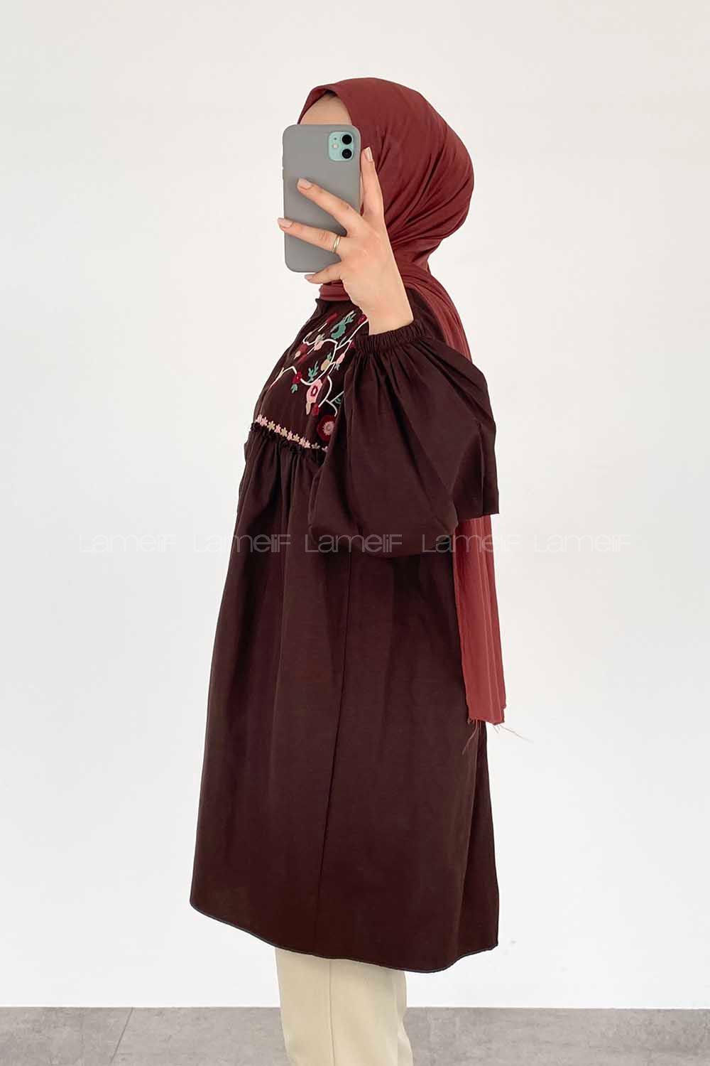 Modalamelif Çiçek Nakışlı Pileli Tunik Acıkahve