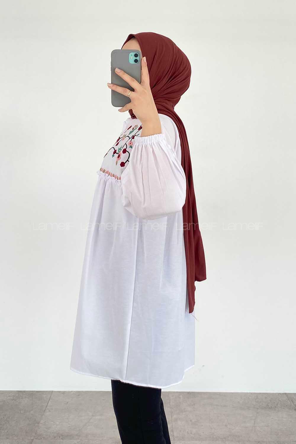 Modalamelif Çiçek Nakışlı Pileli Tunik Beyaz