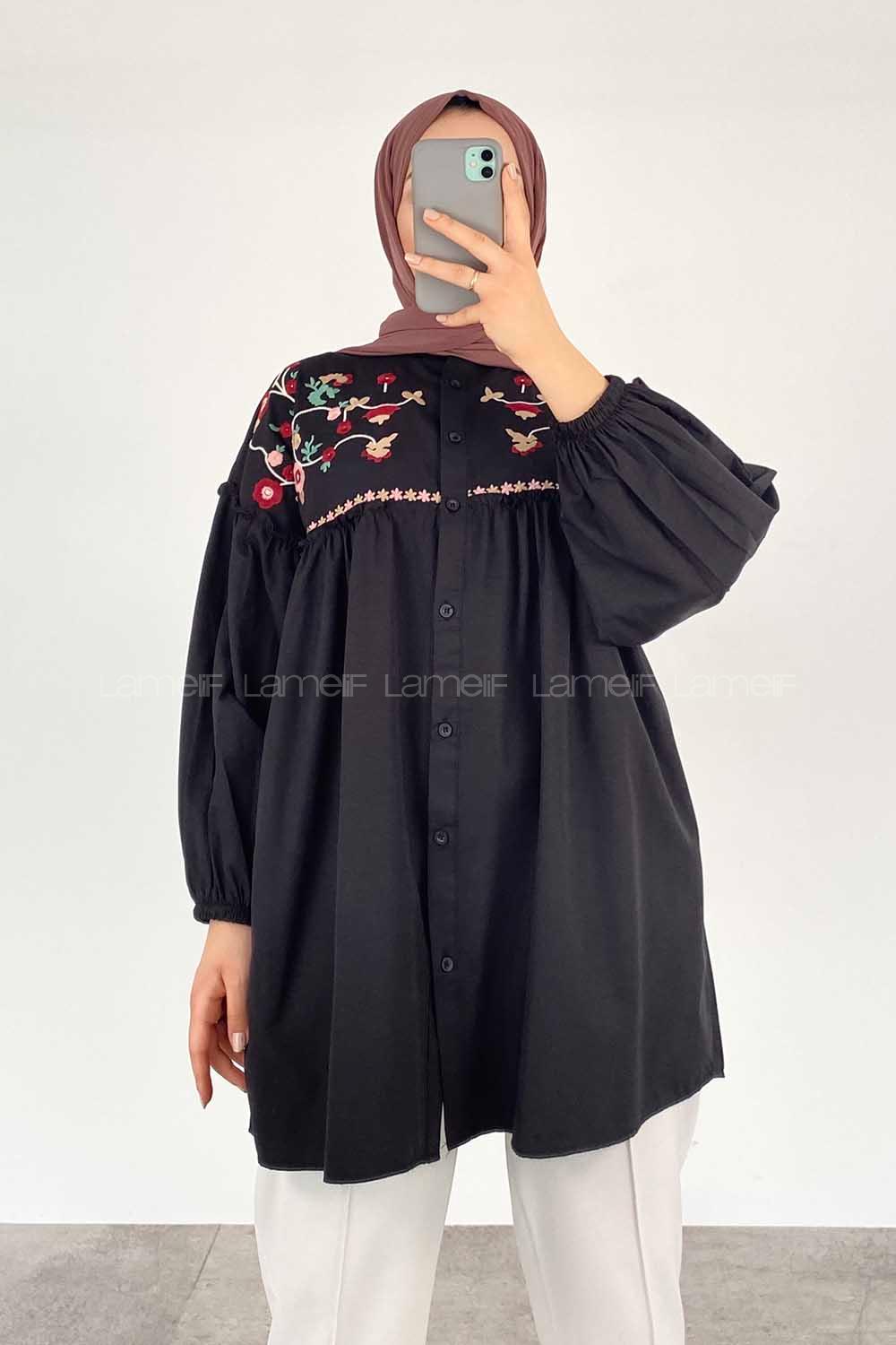 Modalamelif Çiçek Nakışlı Pileli Tunik Siyah