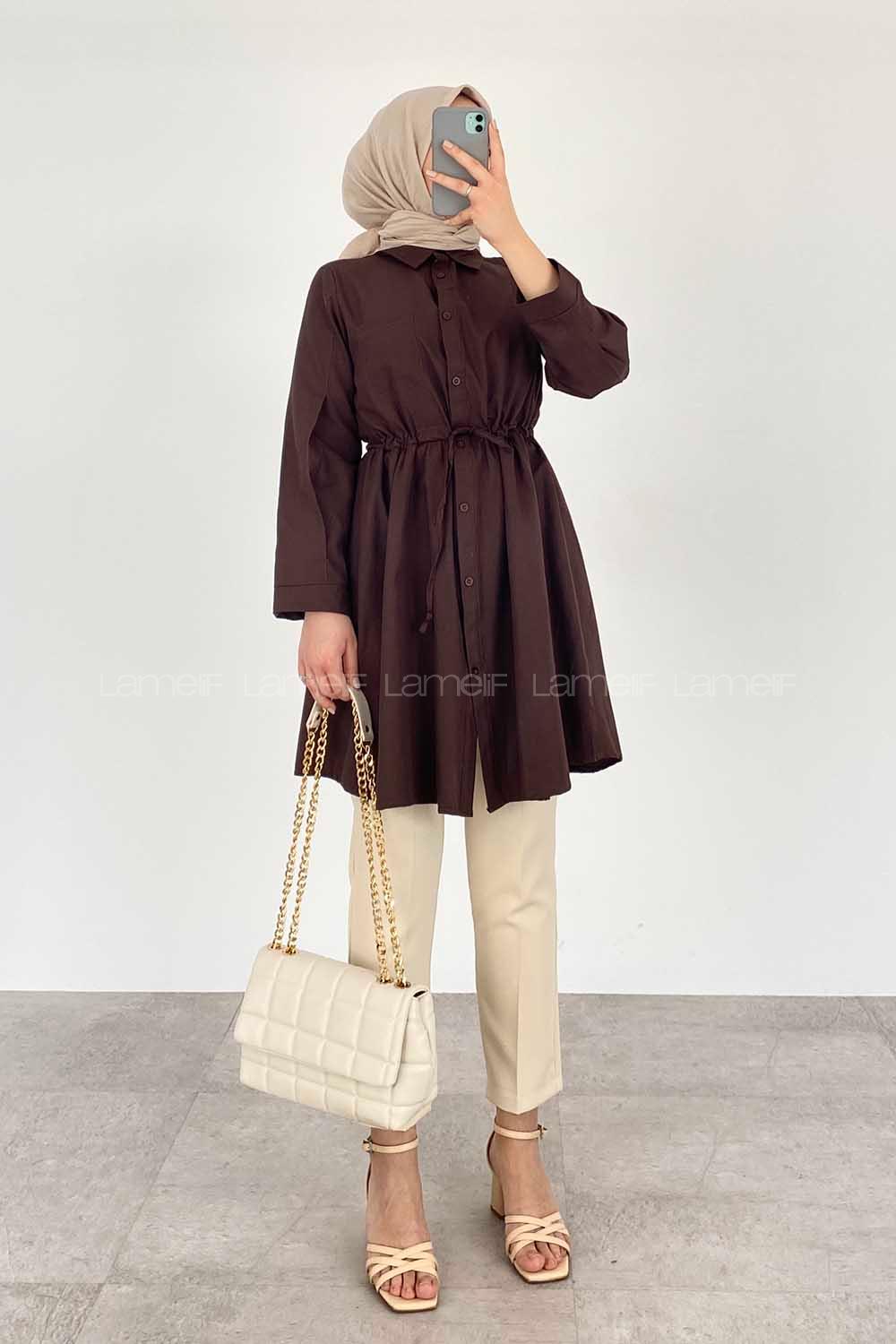 Modalamelif Gömlek Yaka Beli Bağcıklı Tunik Acıkahve