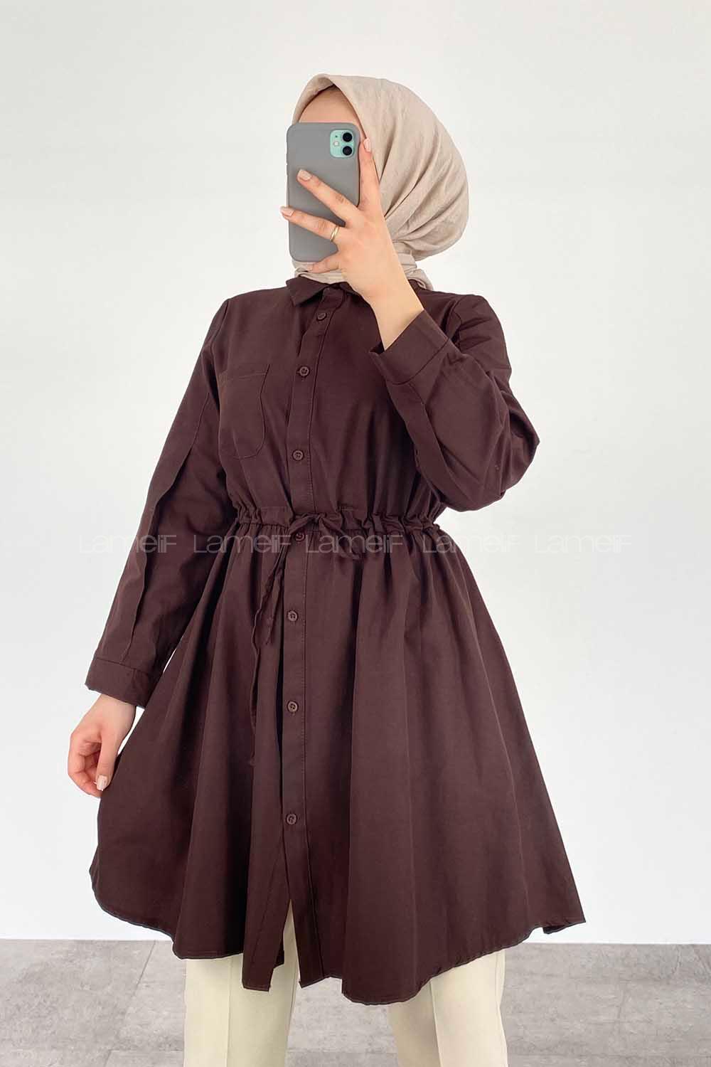 Modalamelif Gömlek Yaka Beli Bağcıklı Tunik Acıkahve