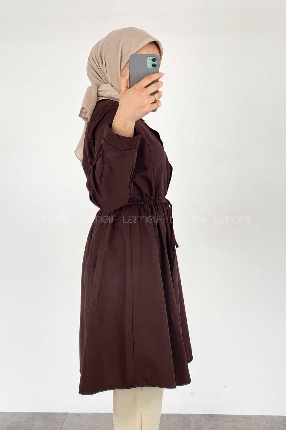 Modalamelif Gömlek Yaka Beli Bağcıklı Tunik Acıkahve