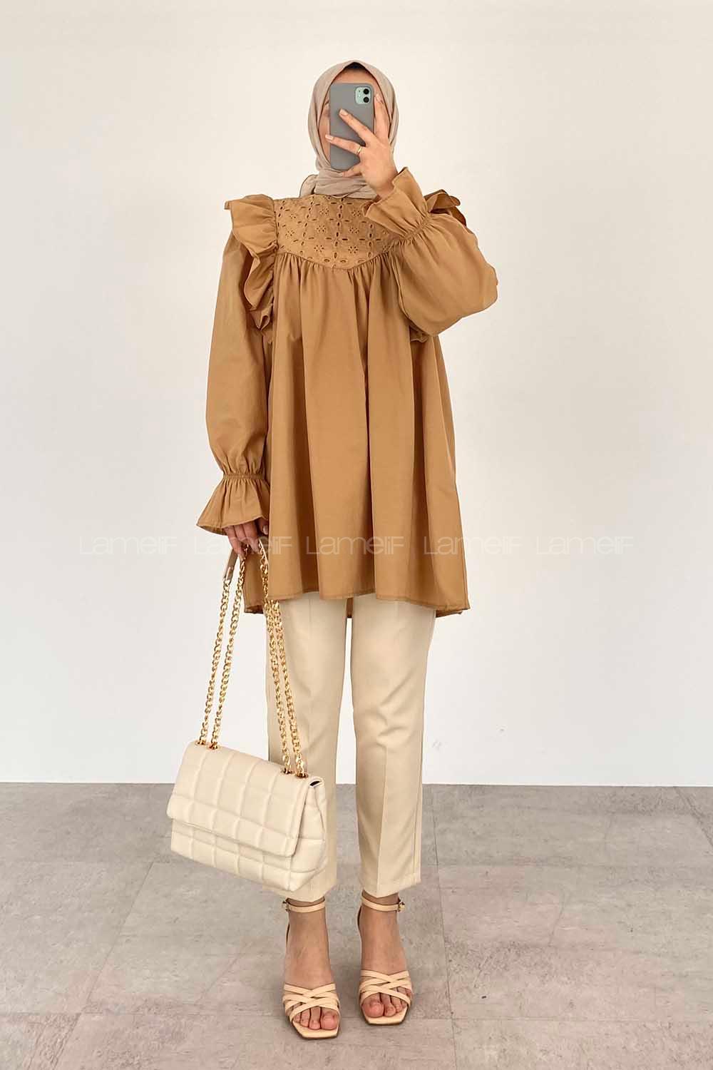 Modalamelif Omuz Fırfırlı Papatya Nakışlı Tunik Bej