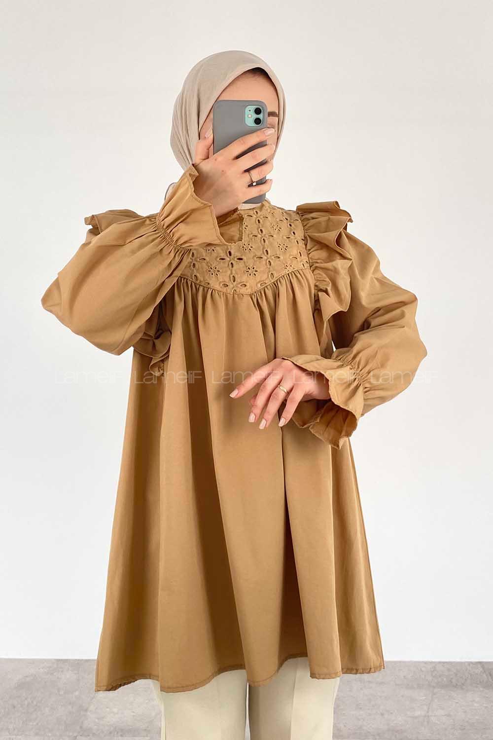 Modalamelif Omuz Fırfırlı Papatya Nakışlı Tunik Bej