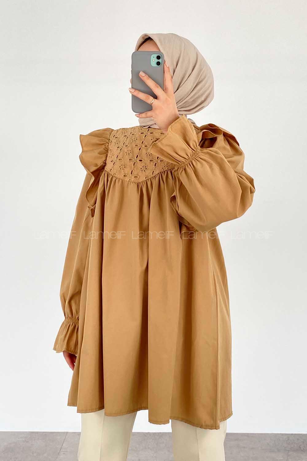 Modalamelif Omuz Fırfırlı Papatya Nakışlı Tunik Bej