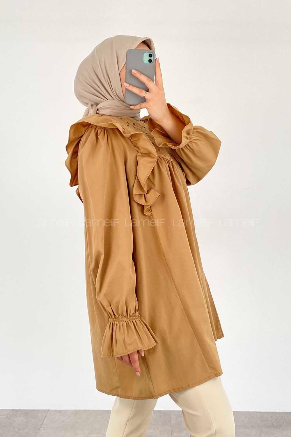 Modalamelif Omuz Fırfırlı Papatya Nakışlı Tunik Bej