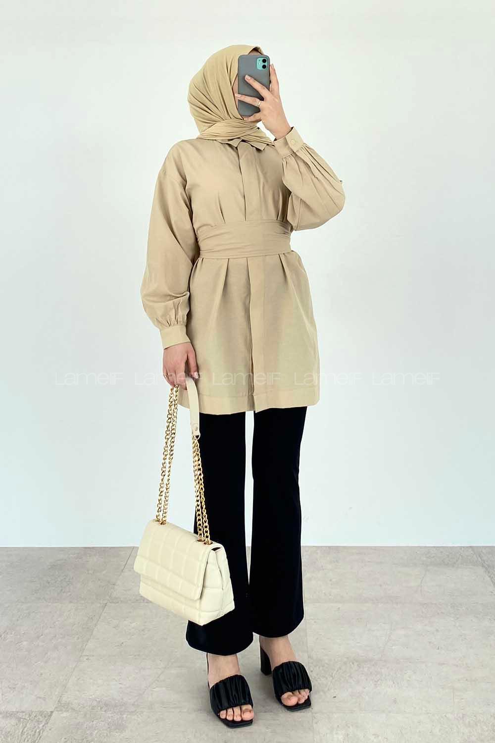 Modalamelif Önü Gizli Düğmeli Kuşaklı Tunik Bej