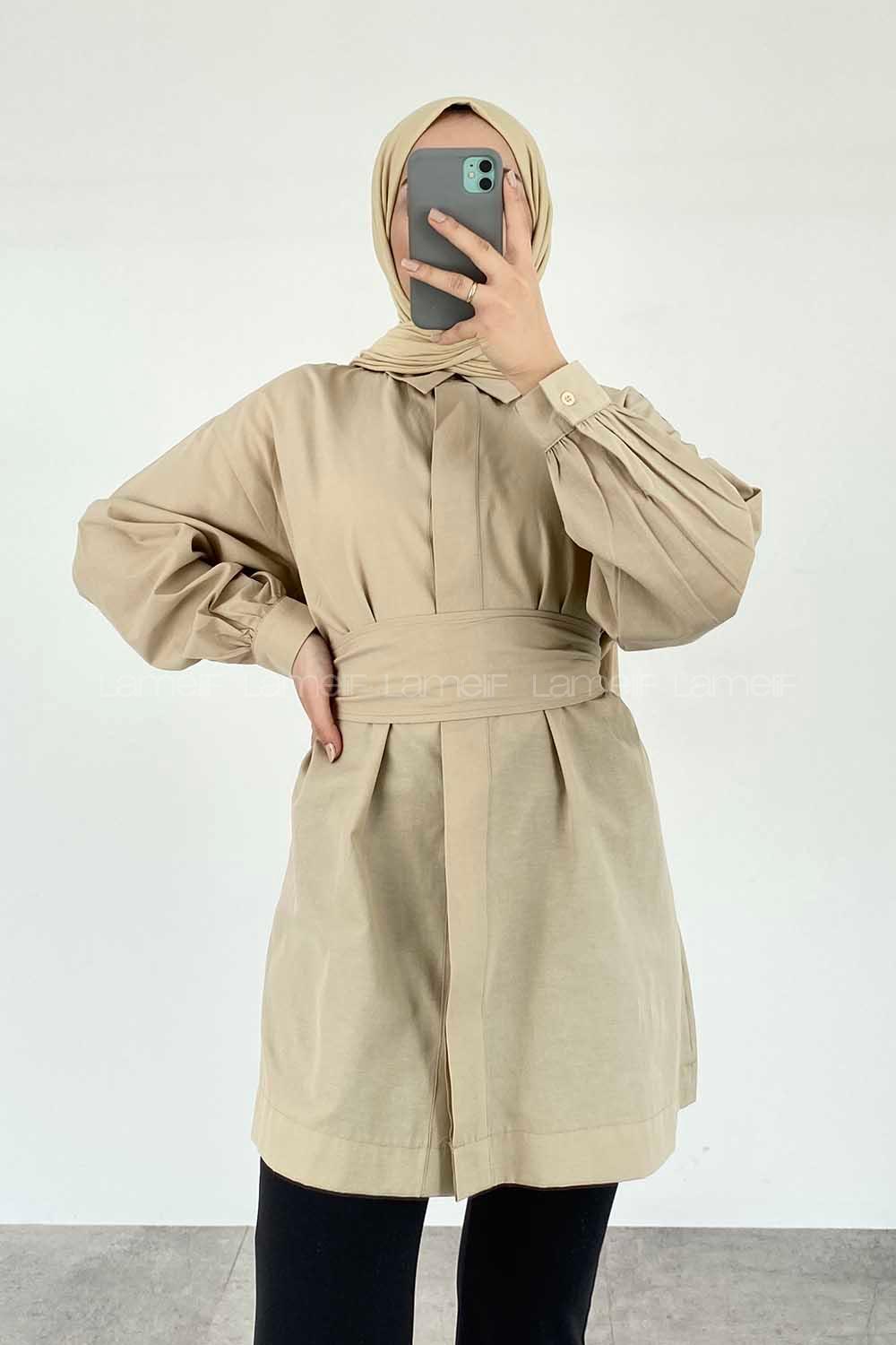 Modalamelif Önü Gizli Düğmeli Kuşaklı Tunik Bej