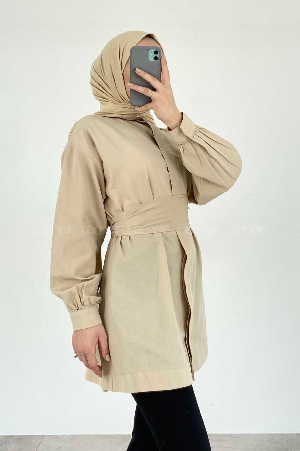 Modalamelif Önü Gizli Düğmeli Kuşaklı Tunik Bej