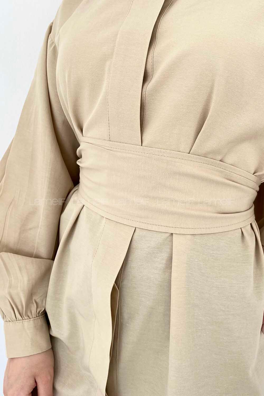 Modalamelif Önü Gizli Düğmeli Kuşaklı Tunik Bej