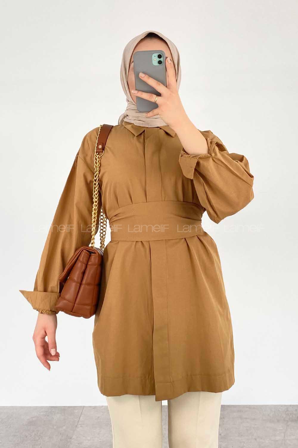 Modalamelif Önü Gizli Düğmeli Kuşaklı Tunik Camel