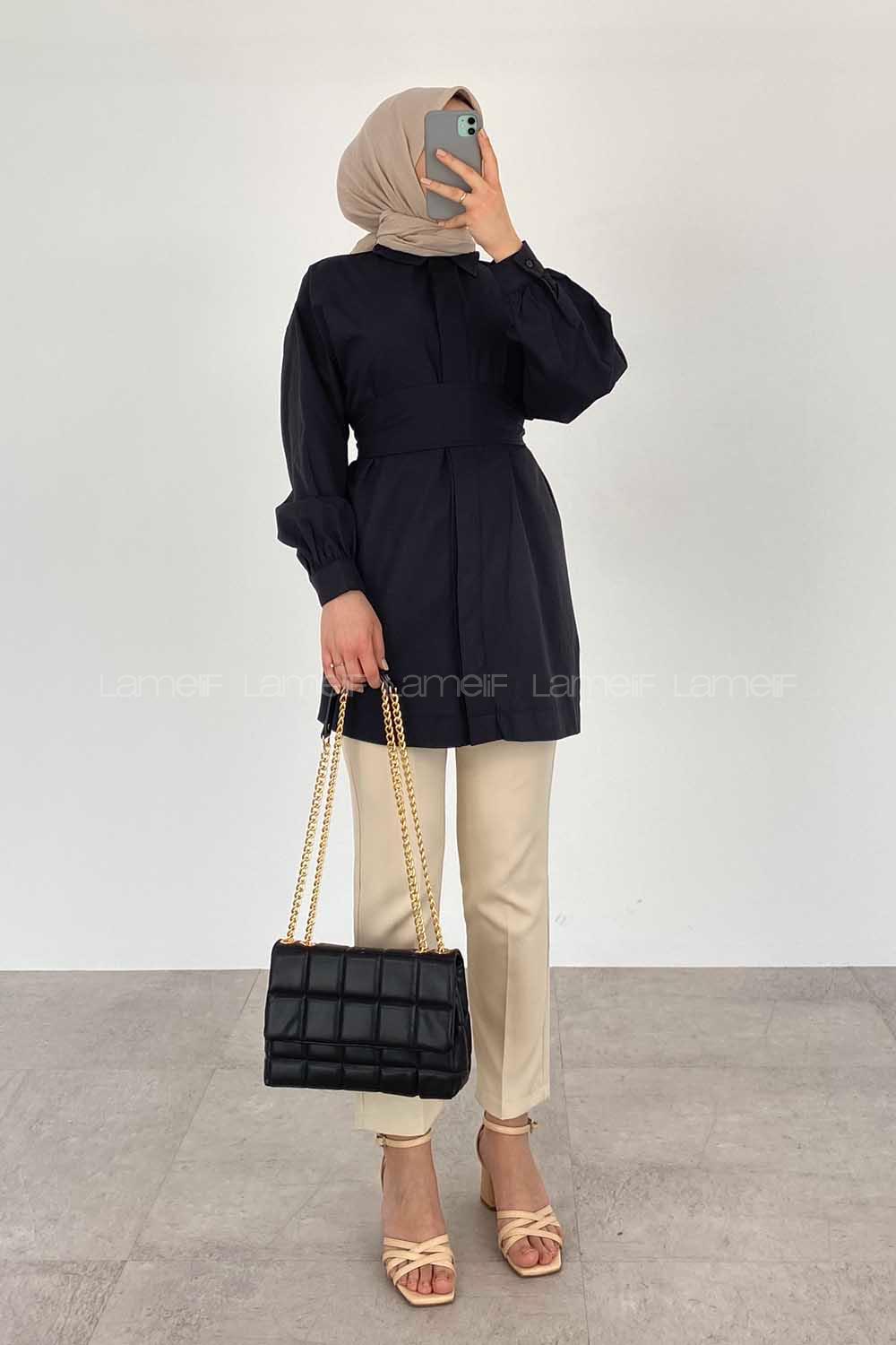 Modalamelif Önü Gizli Düğmeli Kuşaklı Tunik Siyah