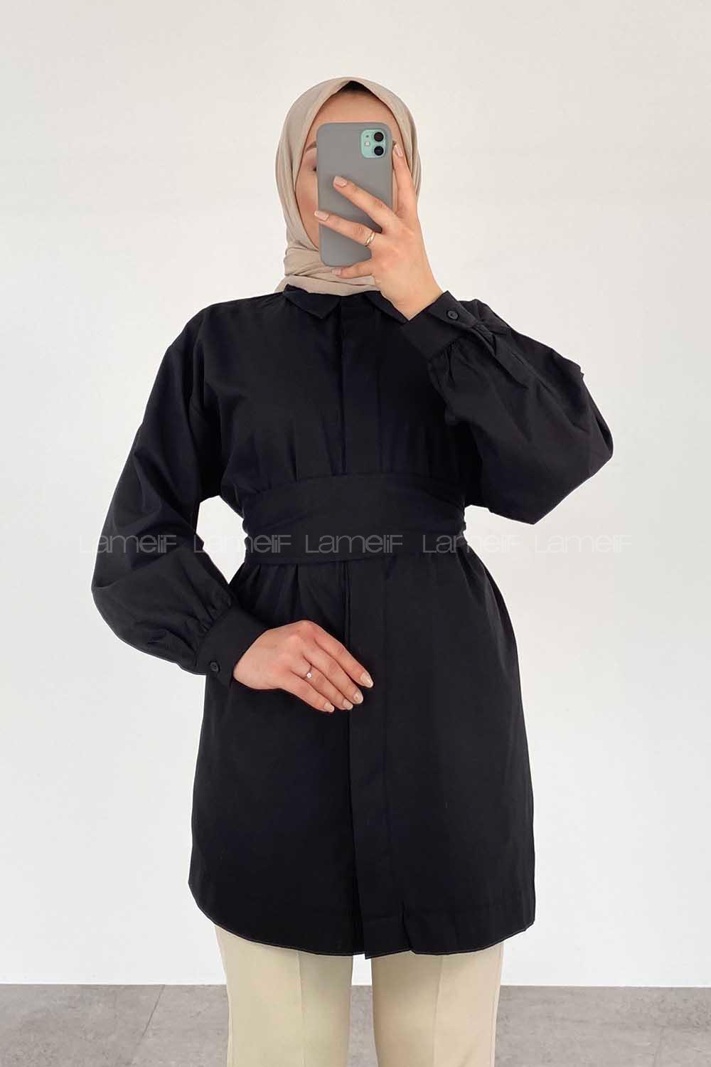 Modalamelif Önü Gizli Düğmeli Kuşaklı Tunik Siyah