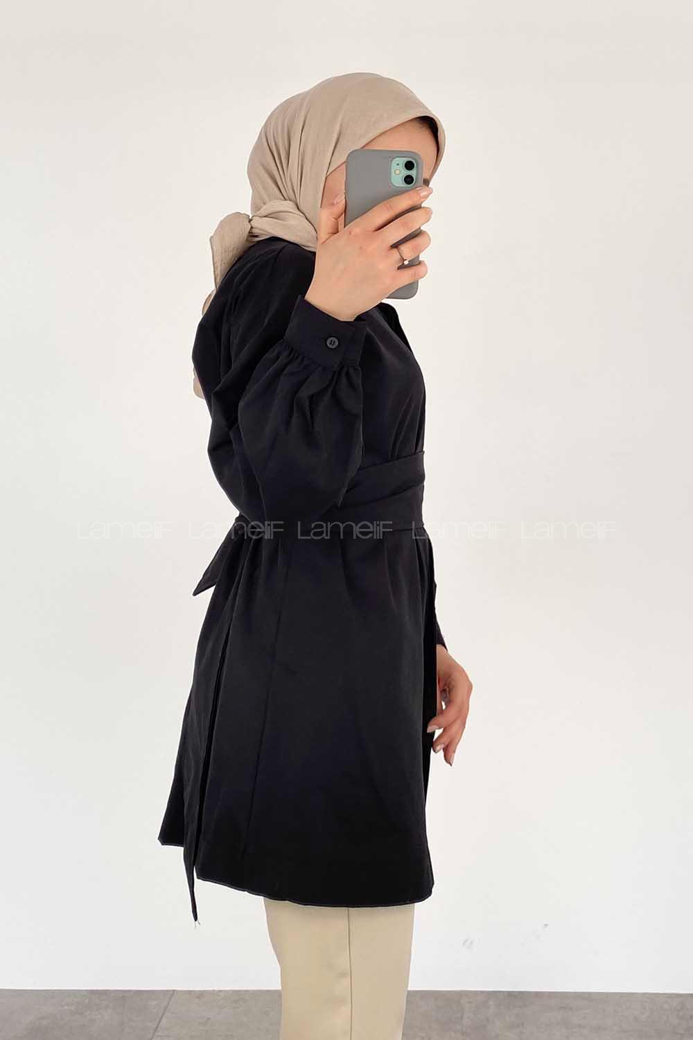 Modalamelif Önü Gizli Düğmeli Kuşaklı Tunik Siyah