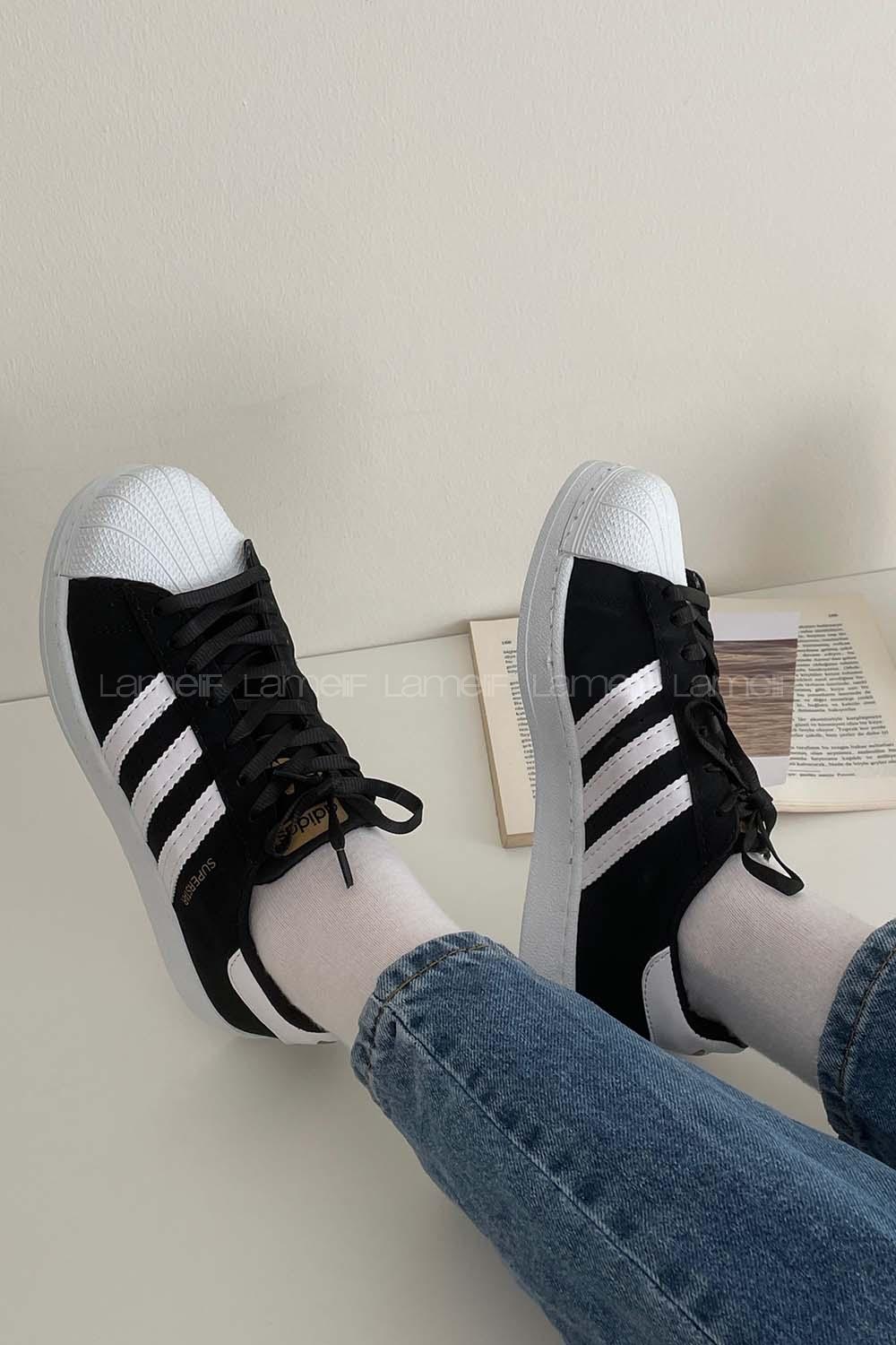 Lamelif  Şerit Model Yüksek Taban Spor Ayakkabı Siyah-Beyaz