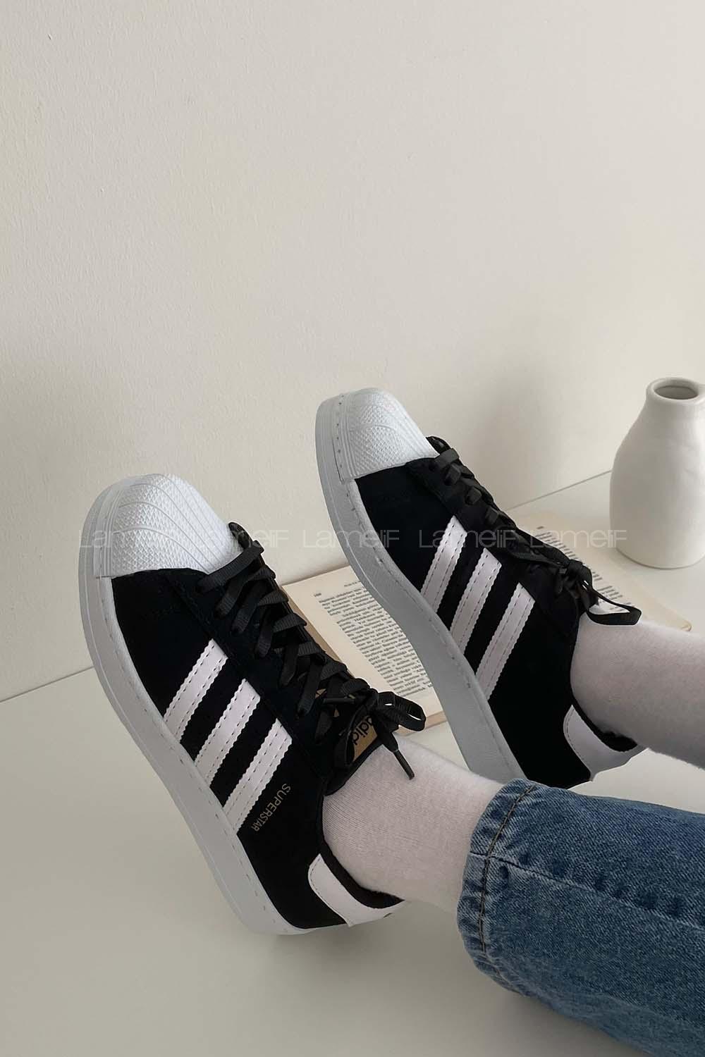 Lamelif  Şerit Model Yüksek Taban Spor Ayakkabı Siyah-Beyaz