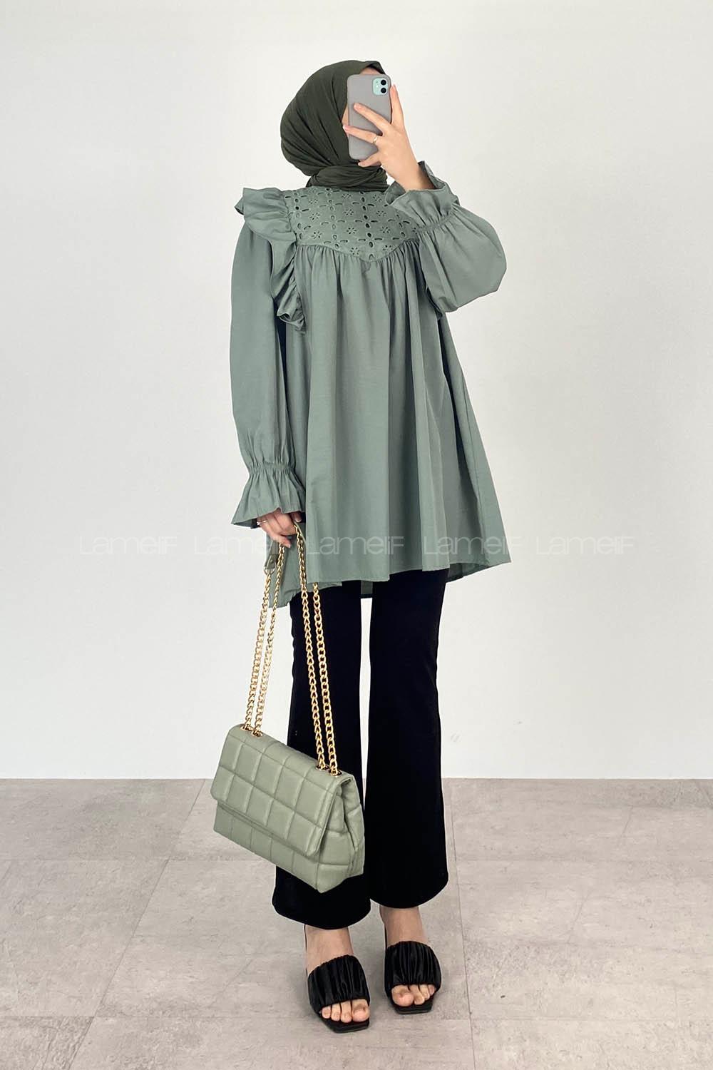 Modalamelif Omuz Fırfırlı Papatya Nakışlı Tunik Çağla Yeşili