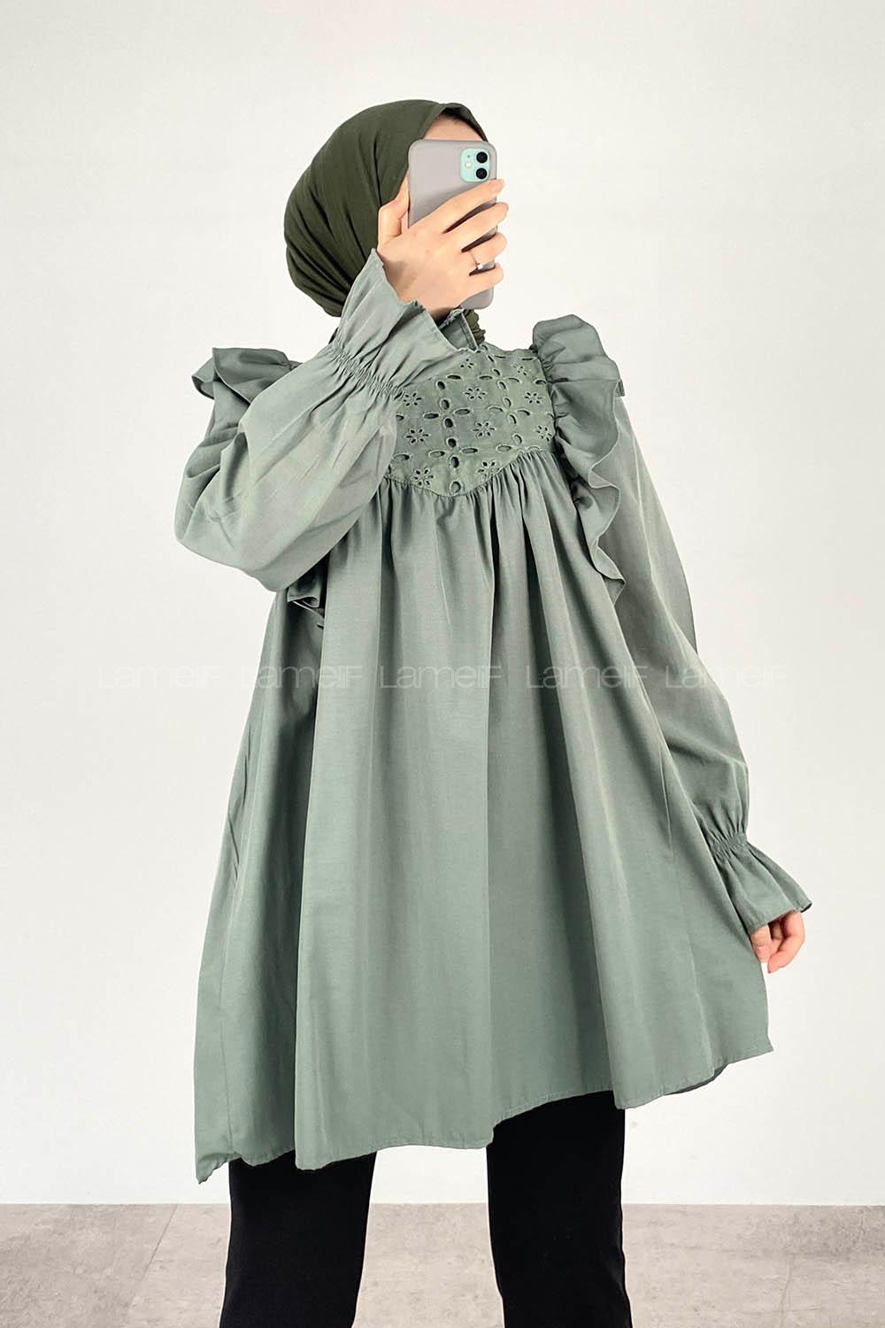 Modalamelif Omuz Fırfırlı Papatya Nakışlı Tunik Çağla Yeşili