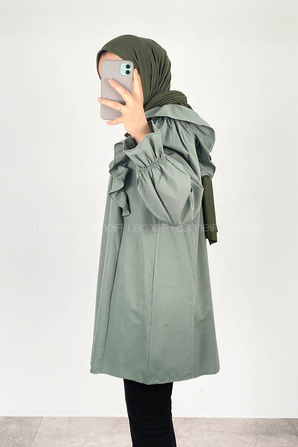 Modalamelif Omuz Fırfırlı Papatya Nakışlı Tunik Çağla Yeşili