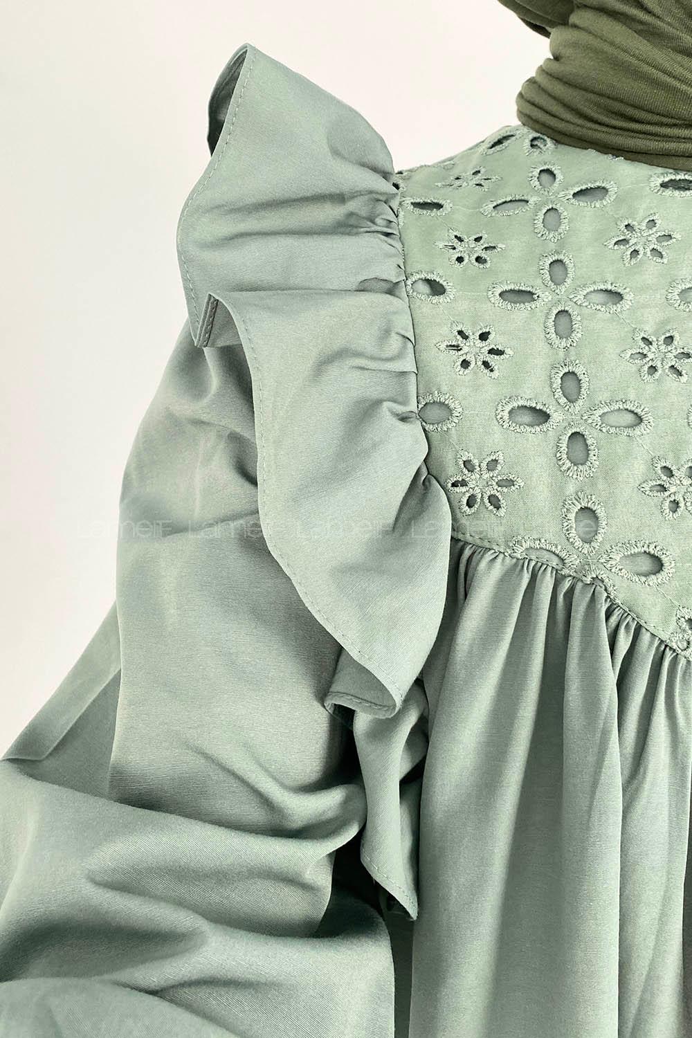 Modalamelif Omuz Fırfırlı Papatya Nakışlı Tunik Çağla Yeşili