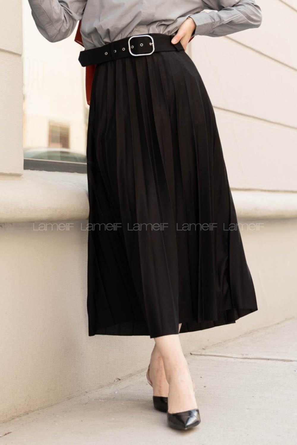 Modalamelif Geniş Kemerli Mira Etek Siyah