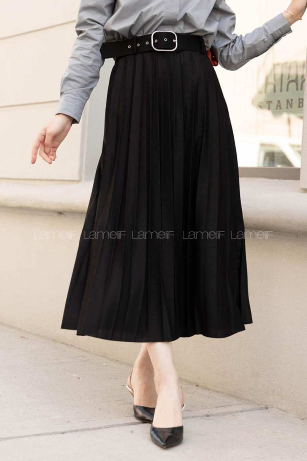 Modalamelif Geniş Kemerli Mira Etek Siyah