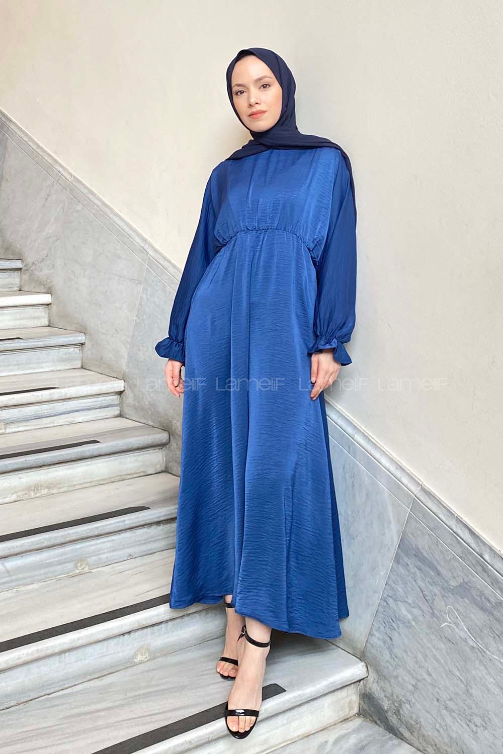 Lamelif Yarasa Kol Lastikli Ayrobin  Tesettür Elbise İndigo
