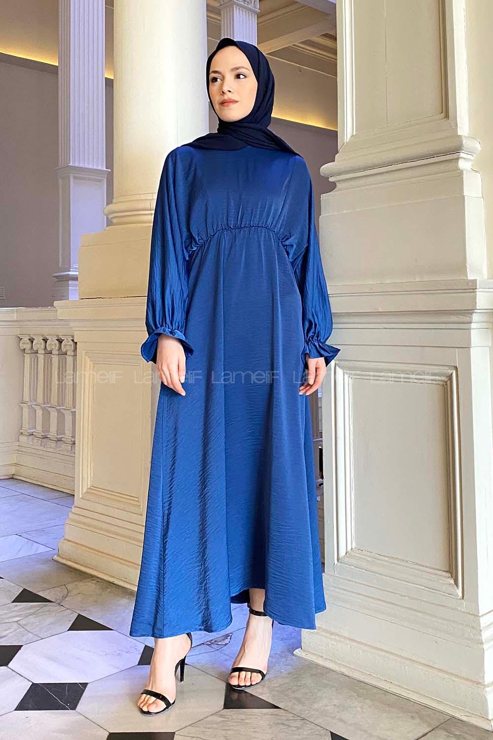 Lamelif Yarasa Kol Lastikli Ayrobin  Tesettür Elbise İndigo