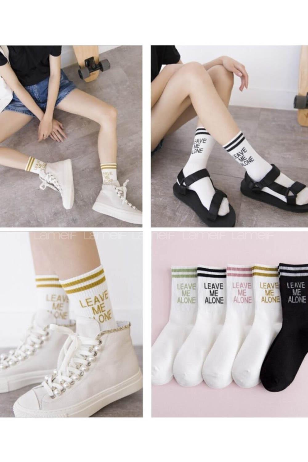 Lamelif 5 Çift Leave Me Alone Desenli Kadın Kolej Çorap