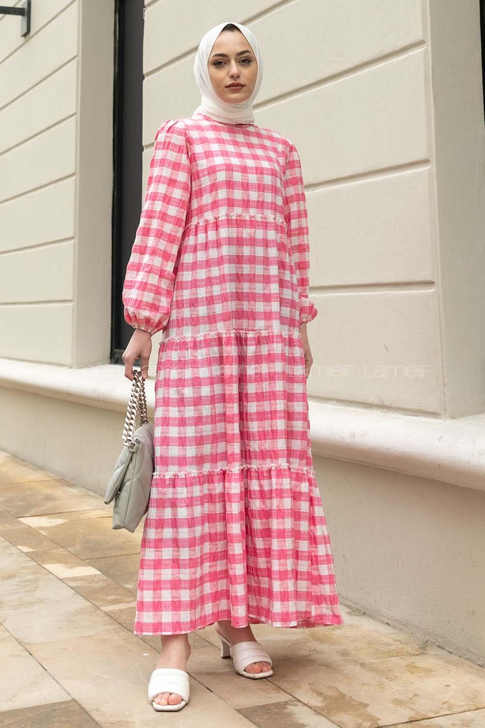 Modalamelif Balon Kol Beli Fırfırlı Gofre Ekose Elbise Pembe