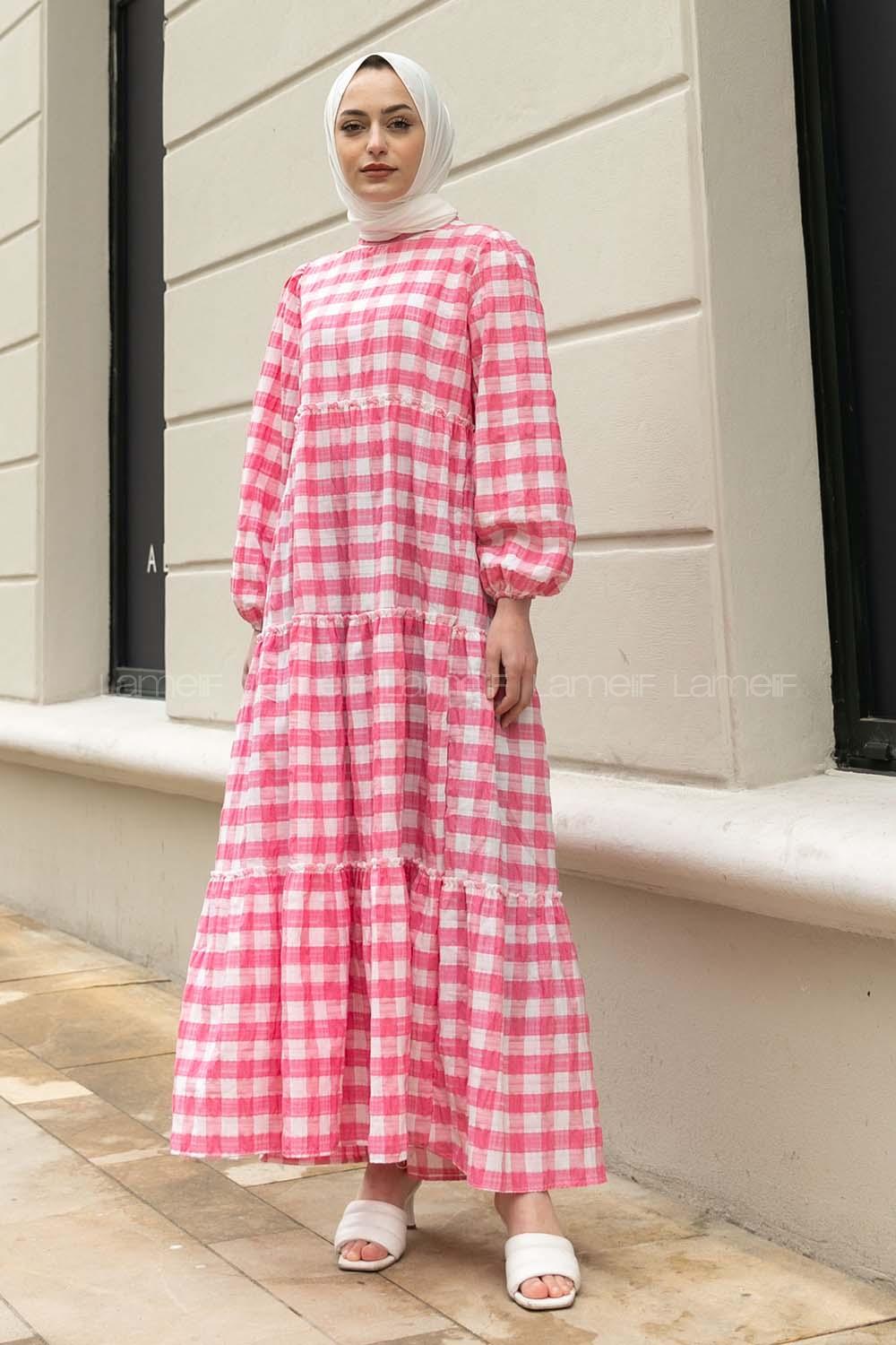 Modalamelif Balon Kol Beli Fırfırlı Gofre Ekose Elbise Pembe