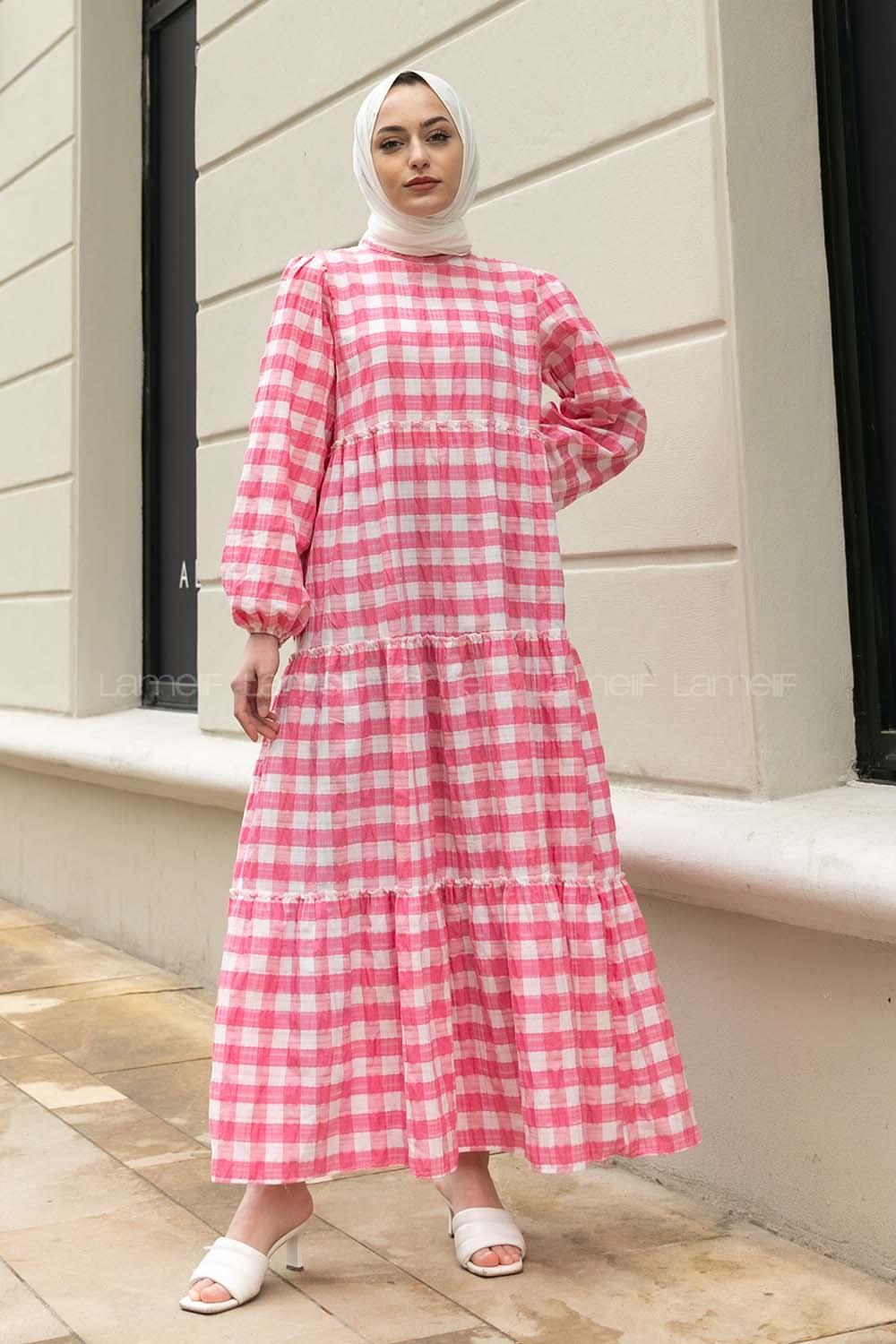 Modalamelif Balon Kol Beli Fırfırlı Gofre Ekose Elbise Pembe