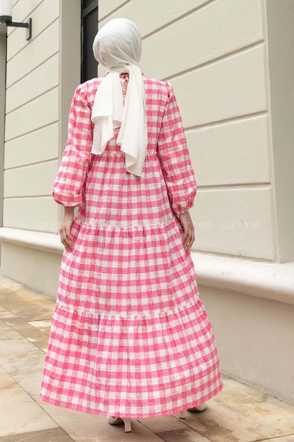 Modalamelif Balon Kol Beli Fırfırlı Gofre Ekose Elbise Pembe