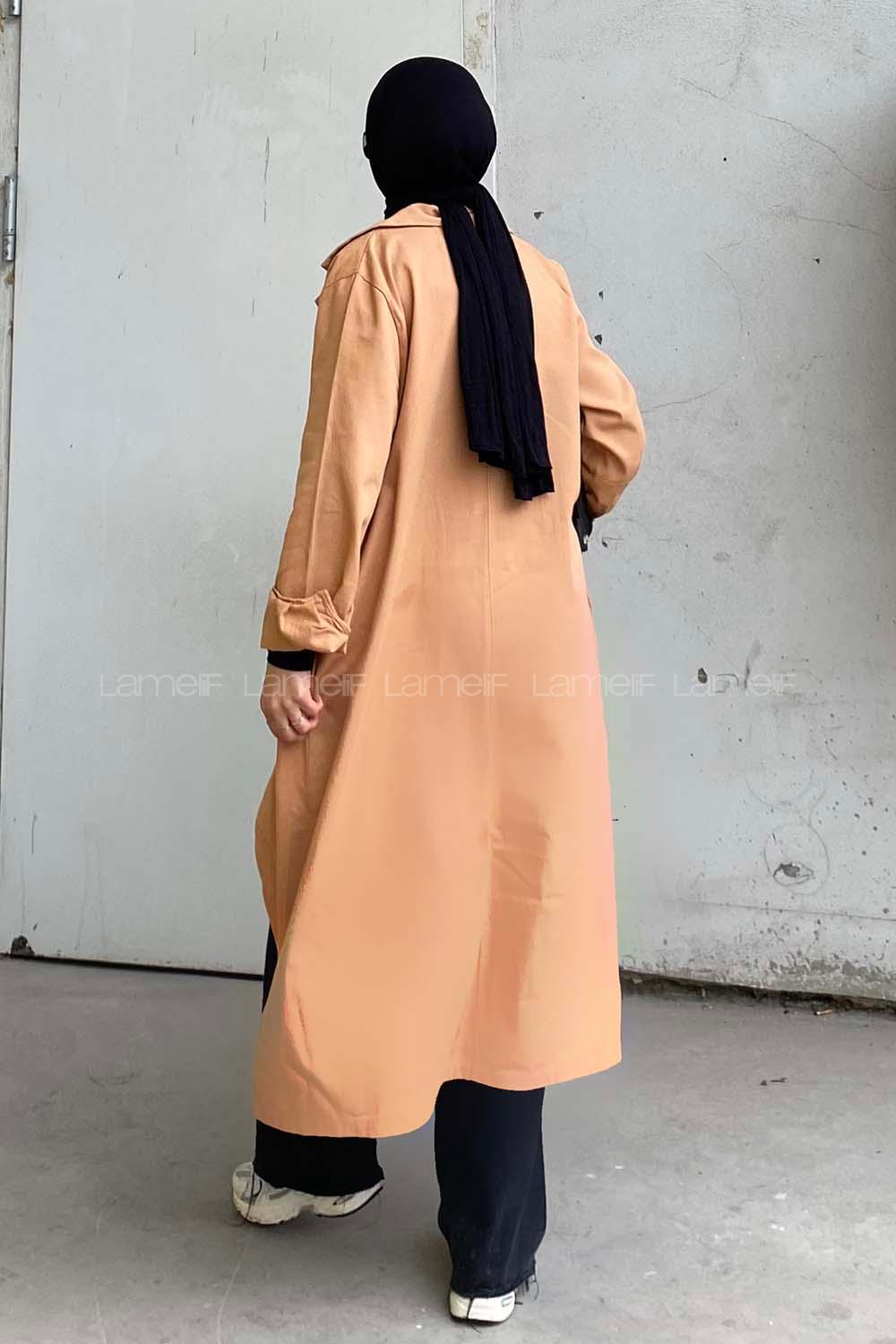 Lamelif Önü Düğmeli Belden Bağlamalı Trenç Koyu Bej